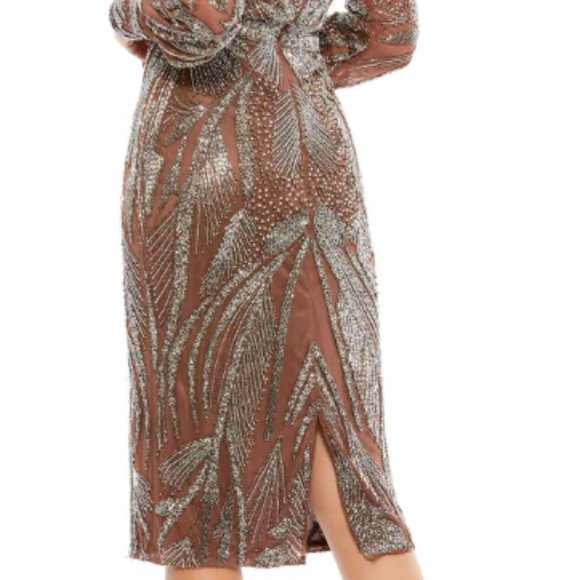 MAC DUGGAL BEADED LONG SLEEVE MOCHA MIDI COCKTAIL DRESS sz 2 - Picture 6 of 6